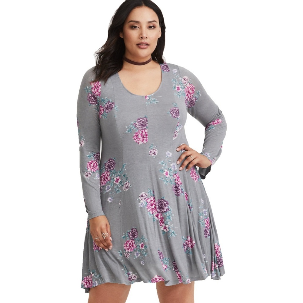 Torrid Bell SleeveGrey Floral Knit Skater Dress